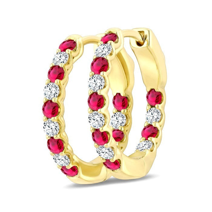 2.1 MM Round Shape Ruby and 1/2 Ctw Round Cut Diamond Inside & Outside Alternating Precious Hoop Earrings in 14K Yellow Gold