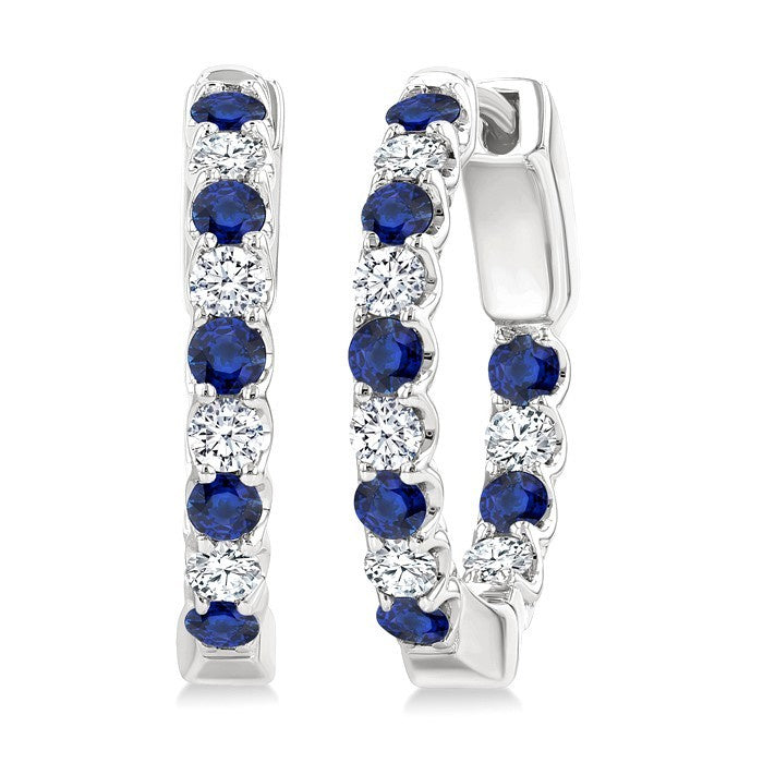 2.1 MM Round Shape Sapphire and 1/2 Ctw Round Cut Diamond Inside & Outside Alternating Precious Hoop Earrings in 14K White Gold