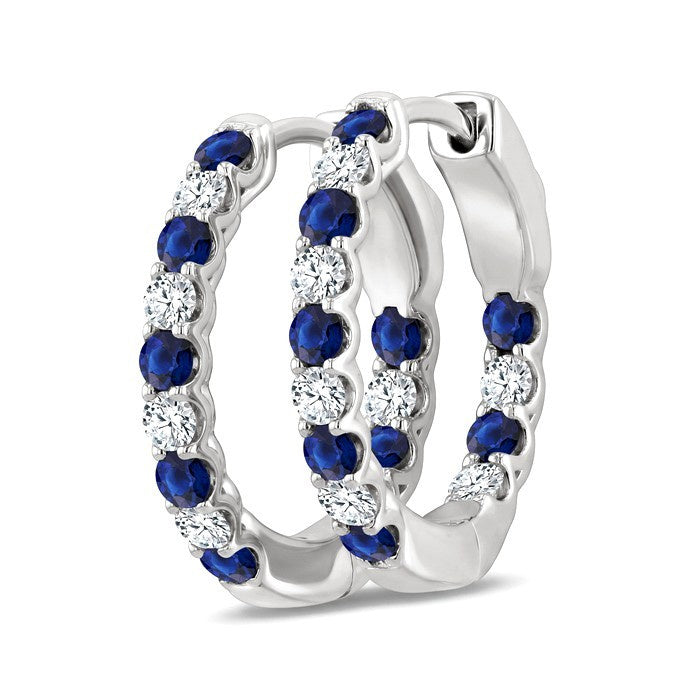 2.1 MM Round Shape Sapphire and 1/2 Ctw Round Cut Diamond Inside & Outside Alternating Precious Hoop Earrings in 14K White Gold