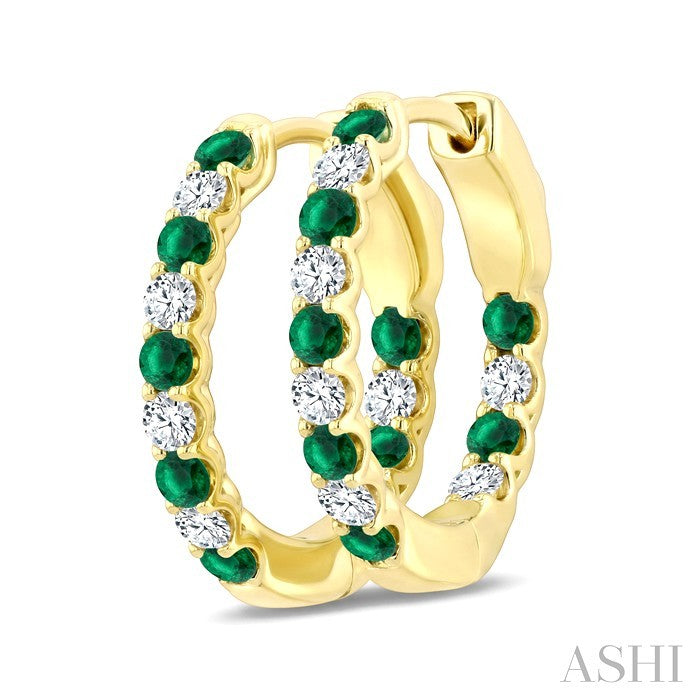 2.1 MM Round Shape Emerald and 1/2 Ctw Round Cut Diamond Inside & Outside Alternating Precious Hoop Earrings in 14K Yellow Gold