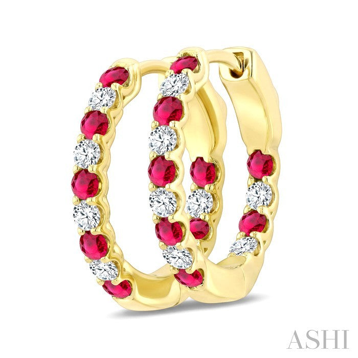 2.1 MM Round Shape Ruby and 1/2 Ctw Round Cut Diamond Inside & Outside Alternating Precious Hoop Earrings in 14K Yellow Gold