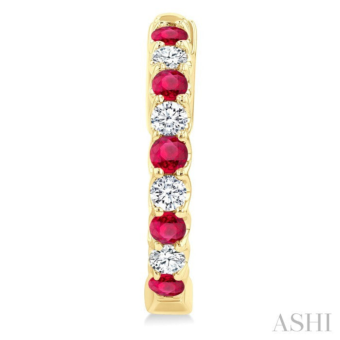 2.1 MM Round Shape Ruby and 1/2 Ctw Round Cut Diamond Inside & Outside Alternating Precious Hoop Earrings in 14K Yellow Gold