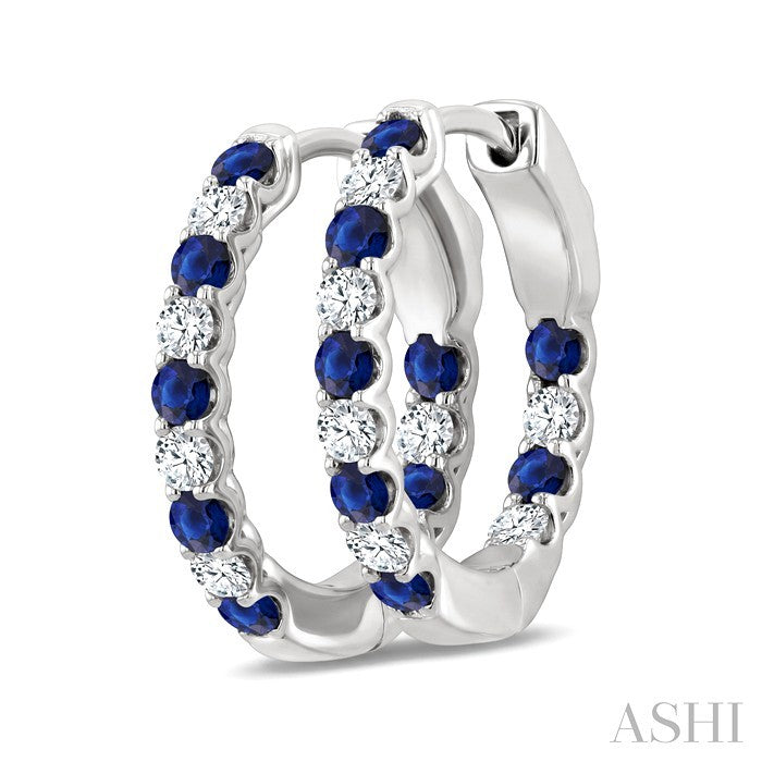 2.1 MM Round Shape Sapphire and 1/2 Ctw Round Cut Diamond Inside & Outside Alternating Precious Hoop Earrings in 14K White Gold