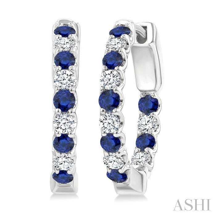 2.1 MM Round Shape Sapphire and 1/2 Ctw Round Cut Diamond Inside & Outside Alternating Precious Hoop Earrings in 14K White Gold