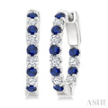 2.1 MM Round Shape Sapphire and 1/2 Ctw Round Cut Diamond Inside & Outside Alternating Precious Hoop Earrings in 14K White Gold