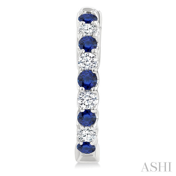 2.1 MM Round Shape Sapphire and 1/2 Ctw Round Cut Diamond Inside & Outside Alternating Precious Hoop Earrings in 14K White Gold