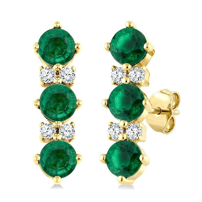 2.5 MM Round Shape Emerald and 1/20 Ctw Round Cut Diamond Precious Petite Earrings in 10K Yellow Gold