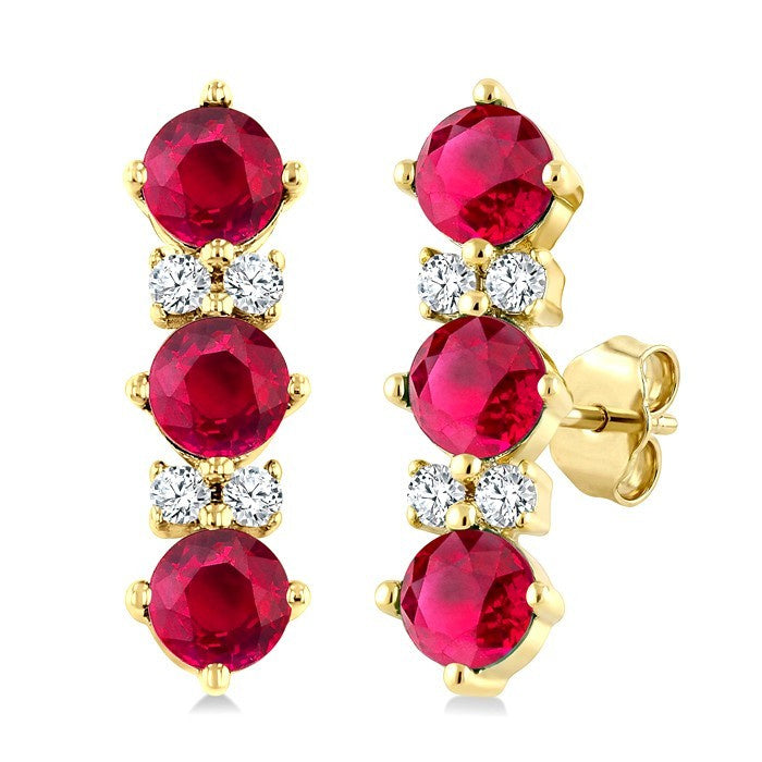 2.5 MM Round Shape Ruby and 1/20 Ctw Round Cut Diamond Precious Petite Earrings in 10K Yellow Gold
