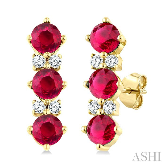 2.5 MM Round Shape Ruby and 1/20 Ctw Round Cut Diamond Precious Petite Earrings in 10K Yellow Gold