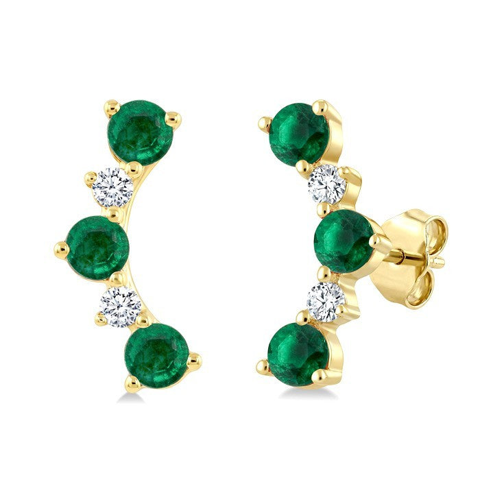 2.5 MM Round Shape Emerald and 1/10 Ctw Round Cut Diamond Precious Petite Ear Climbers in 10K Yellow Gold