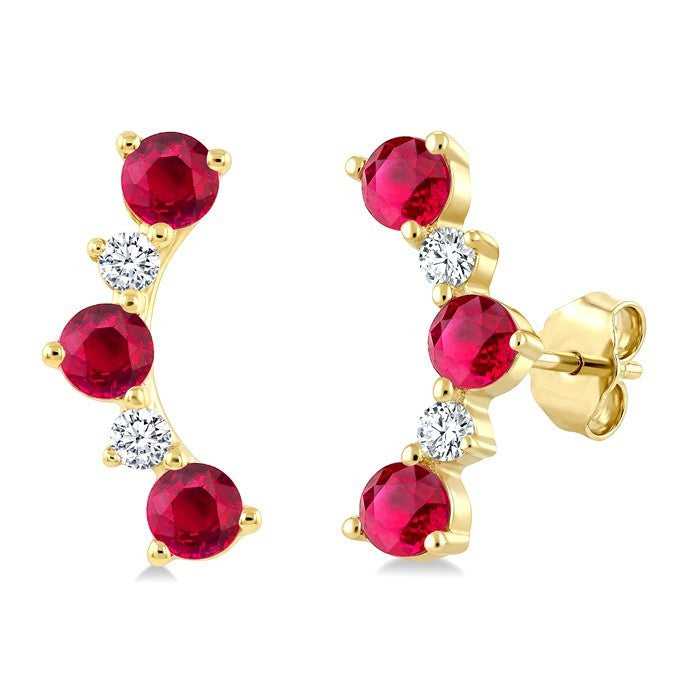 2.5 MM Round Shape Ruby and 1/10 Ctw Round Cut Diamond Precious Ear Climbers in 10K Yellow Gold