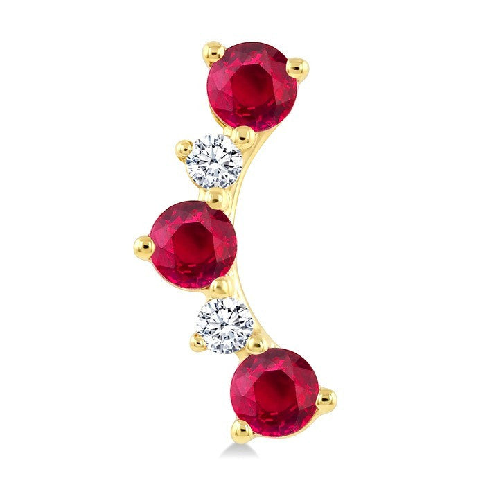 2.5 MM Round Shape Ruby and 1/10 Ctw Round Cut Diamond Precious Ear Climbers in 10K Yellow Gold