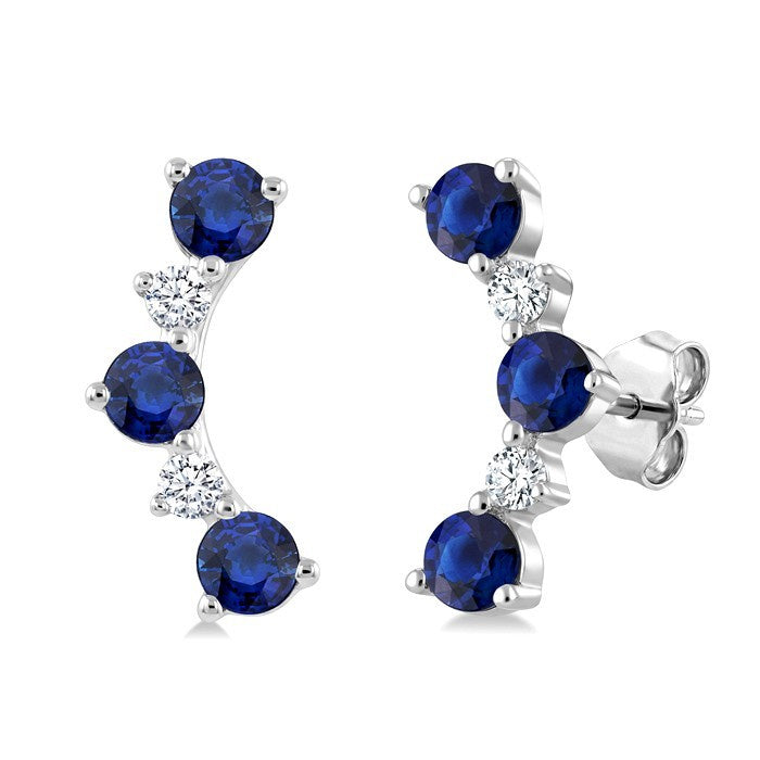 2.5 MM Round Shape Sapphire and 1/10 Ctw Round Cut Diamond Precious Petite Ear Climbers in 10K White Gold