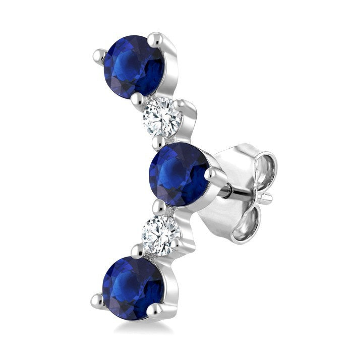 2.5 MM Round Shape Sapphire and 1/10 Ctw Round Cut Diamond Precious Petite Ear Climbers in 10K White Gold