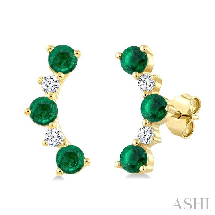 2.5 MM Round Shape Emerald and 1/10 Ctw Round Cut Diamond Precious Petite Ear Climbers in 10K Yellow Gold
