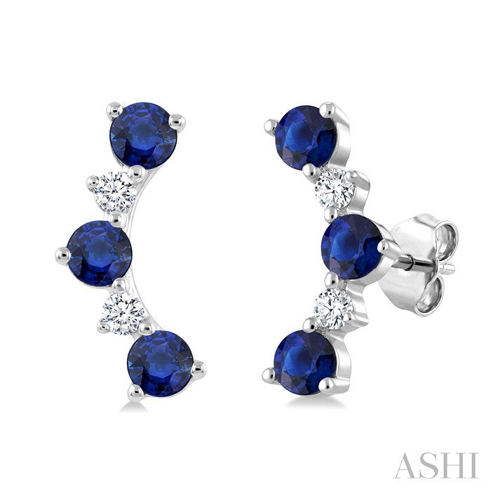 2.5 MM Round Shape Sapphire and 1/10 Ctw Round Cut Diamond Precious Petite Ear Climbers in 10K White Gold