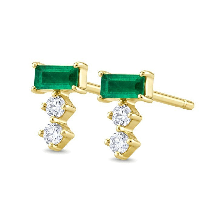 4X2 MM Baguette Cut Emerald and 1/10 Ctw Round Cut Diamond Petite Precious Earrings in 10K Yellow Gold