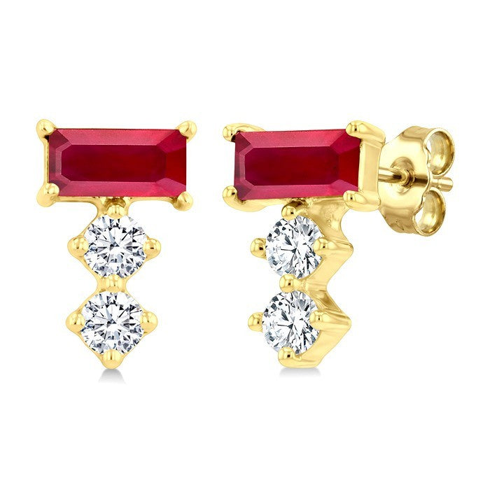 4X2 MM Baguette Cut Ruby and 1/10 Ctw Round Cut Diamond Petite Precious Earrings in 10K Yellow Gold