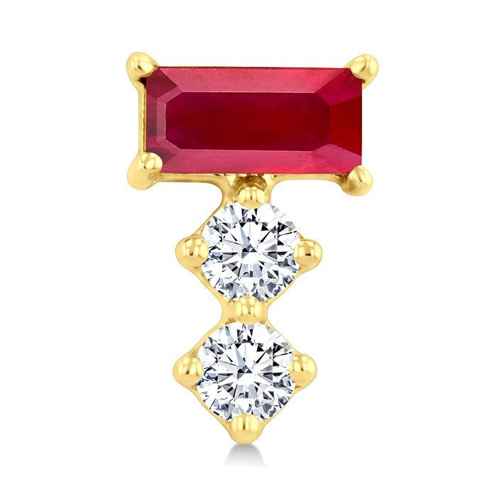 4X2 MM Baguette Cut Ruby and 1/10 Ctw Round Cut Diamond Petite Precious Earrings in 10K Yellow Gold