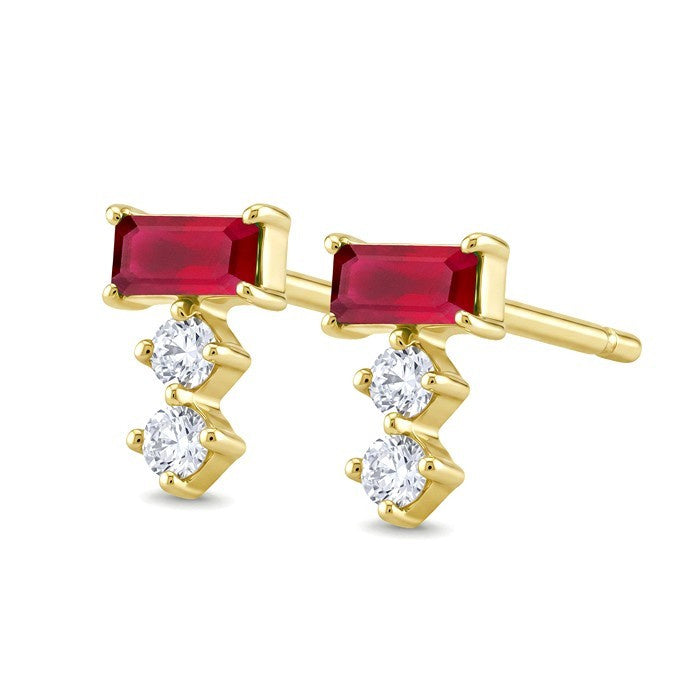 4X2 MM Baguette Cut Ruby and 1/10 Ctw Round Cut Diamond Petite Precious Earrings in 10K Yellow Gold