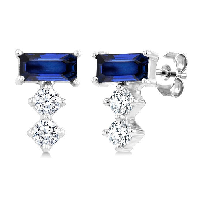 4X2 MM Baguette Cut Sapphire and 1/10 Ctw Round Cut Diamond Petite Precious Earrings in 10K White Gold
