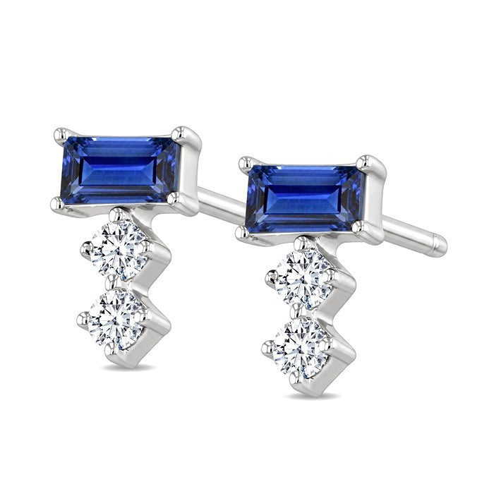 4X2 MM Baguette Cut Sapphire and 1/10 Ctw Round Cut Diamond Petite Precious Earrings in 10K White Gold