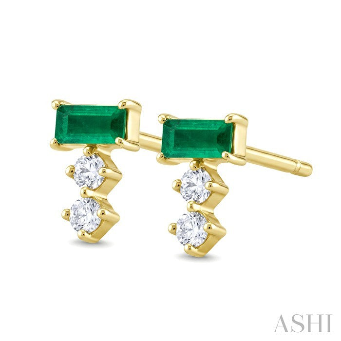 4X2 MM Baguette Cut Emerald and 1/10 Ctw Round Cut Diamond Petite Precious Earrings in 10K Yellow Gold