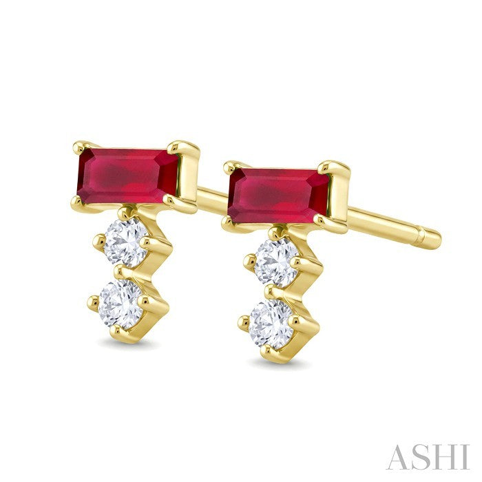 4X2 MM Baguette Cut Ruby and 1/10 Ctw Round Cut Diamond Petite Precious Earrings in 10K Yellow Gold