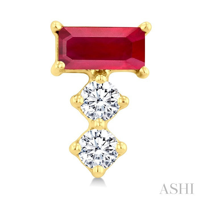 4X2 MM Baguette Cut Ruby and 1/10 Ctw Round Cut Diamond Petite Precious Earrings in 10K Yellow Gold