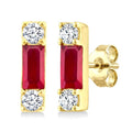 4X2 MM Baguette Cut Ruby and 1/10 Ctw Round Cut Diamond Petite Precious Earrings in 10K Yellow Gold