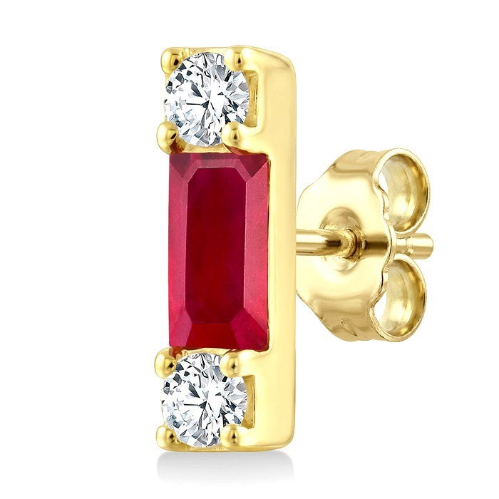 4X2 MM Baguette Cut Ruby and 1/10 Ctw Round Cut Diamond Petite Precious Earrings in 10K Yellow Gold