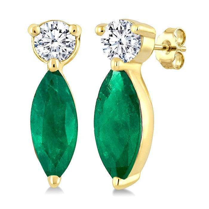 5X2.5 MM Marquise Cut Emerald and 1/20 Ctw Round Cut Diamond Petite Precious Earrings in 10K Yellow Gold