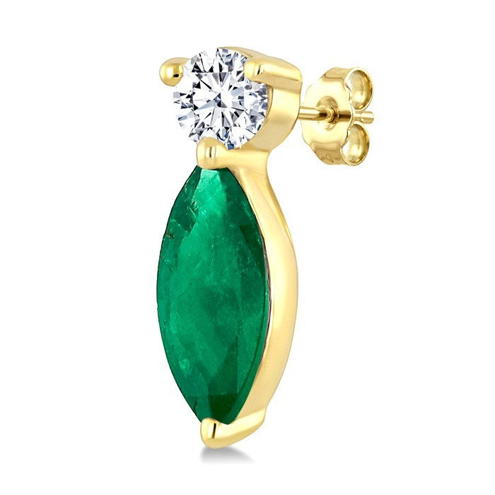 5X2.5 MM Marquise Cut Emerald and 1/20 Ctw Round Cut Diamond Petite Precious Earrings in 10K Yellow Gold