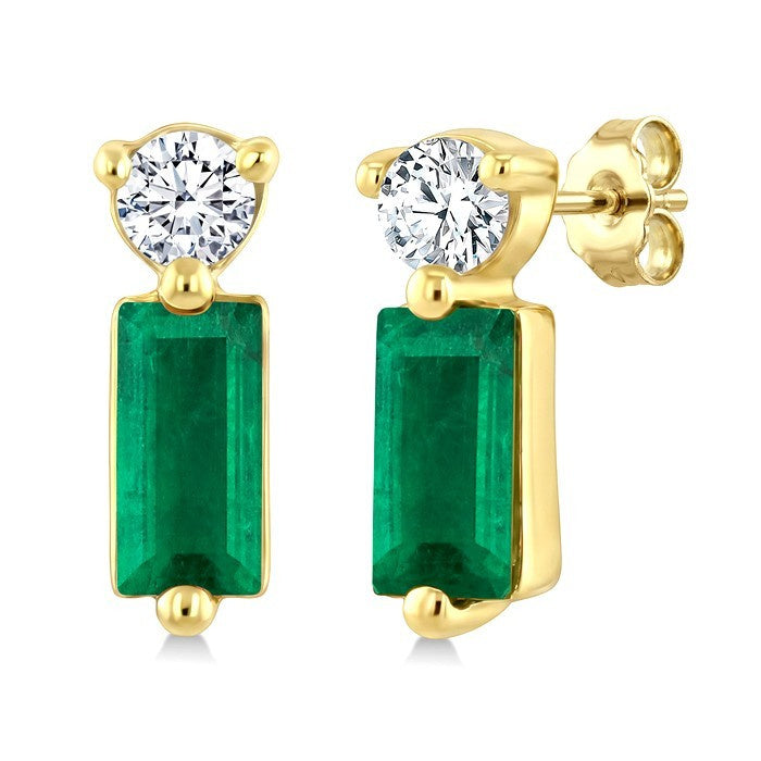 4X2 MM Baguette Cut Emerald and 1/20 Ctw Round Cut Diamond Petite Precious Earrings in 10K Yellow Gold