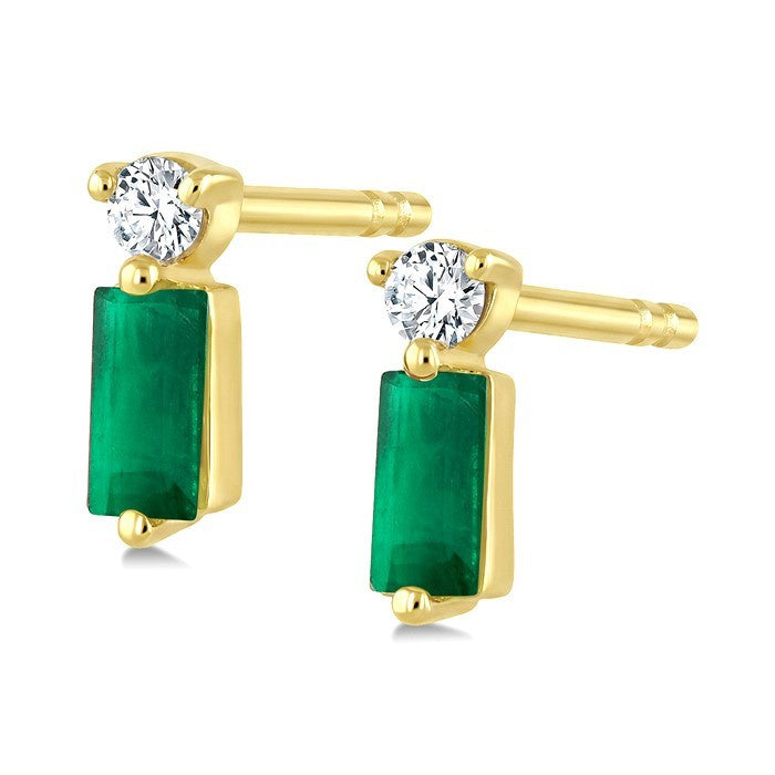 4X2 MM Baguette Cut Emerald and 1/20 Ctw Round Cut Diamond Petite Precious Earrings in 10K Yellow Gold
