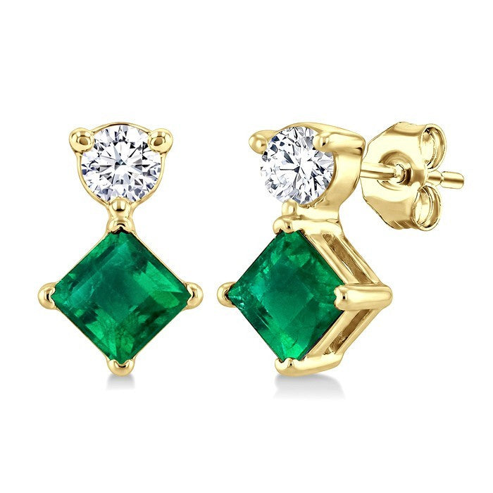 3.5 MM Princess Cut Emerald and 1/20 Ctw Round Cut Diamond Petite Precious Earrings in 10K Yellow Gold