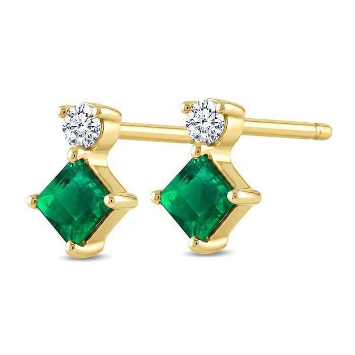 3.5 MM Princess Cut Emerald and 1/20 Ctw Round Cut Diamond Petite Precious Earrings in 10K Yellow Gold