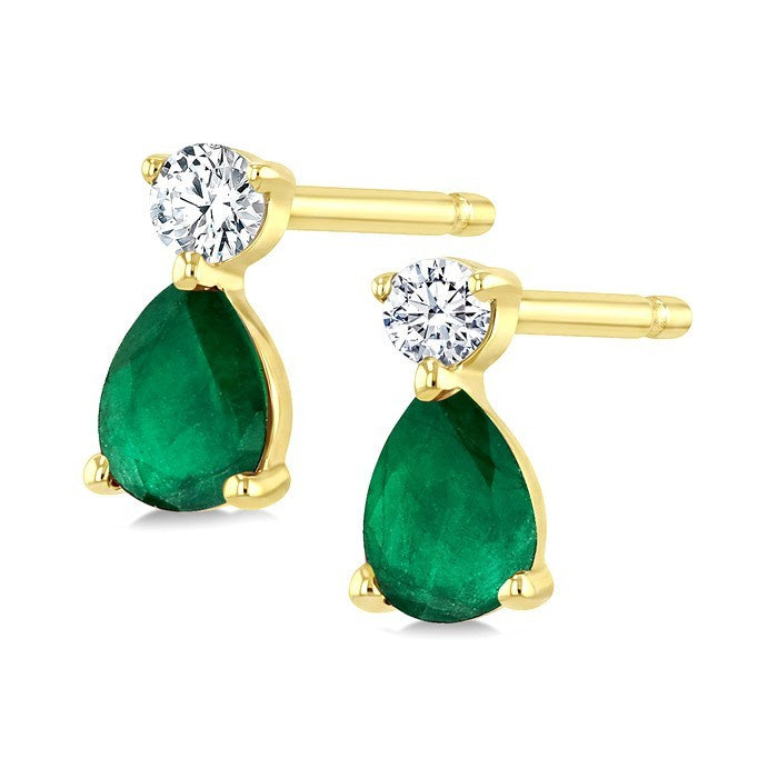 4X3 MM Pear Cut Emerald and 1/20 Ctw Round Cut Diamond Petite Precious Earrings in 10K Yellow Gold