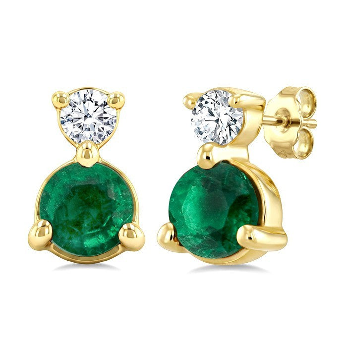 3.5 MM Round Cut Emerald and 1/20 Ctw Round Cut Diamond Petite Precious Earrings in 10K Yellow Gold