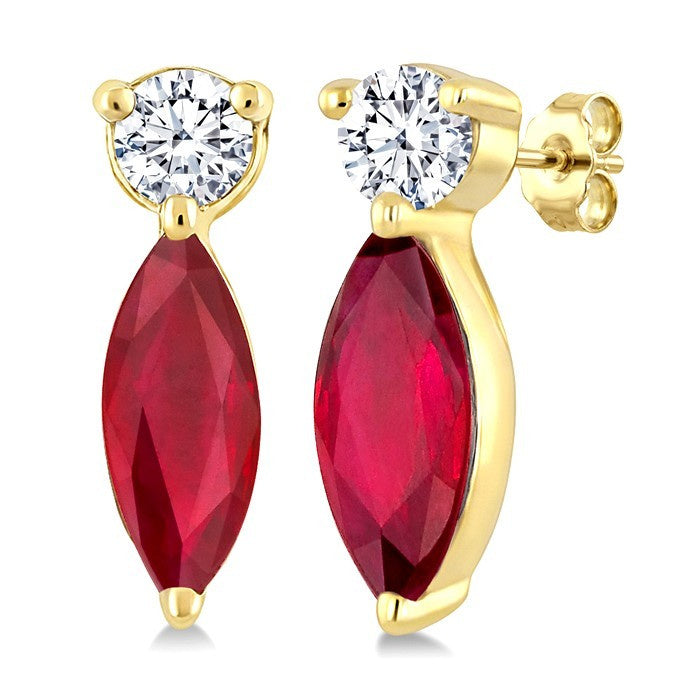 5X2.5 MM Marquise Cut Ruby and 1/20 Ctw Round Cut Diamond Petite Precious Earrings in 10K Yellow Gold