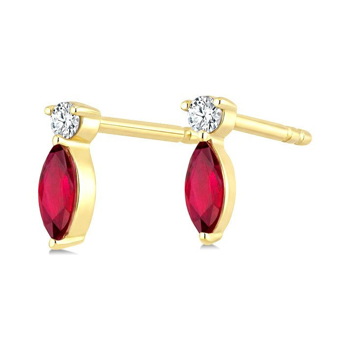 5X2.5 MM Marquise Cut Ruby and 1/20 Ctw Round Cut Diamond Petite Precious Earrings in 10K Yellow Gold