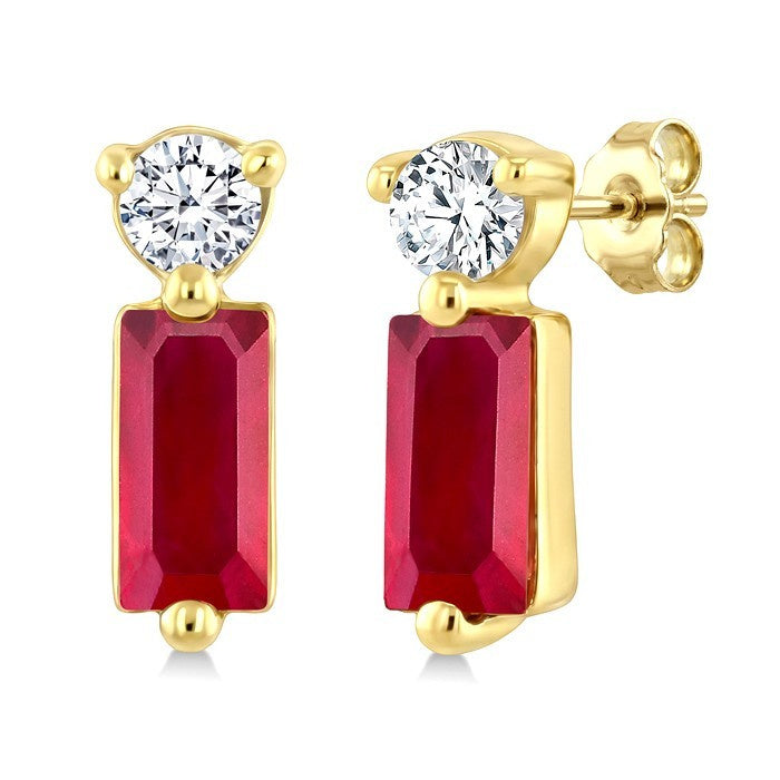 4X2 MM Baguette Cut Ruby and 1/20 Ctw Round Cut Diamond Petite Precious Earrings in 10K Yellow Gold
