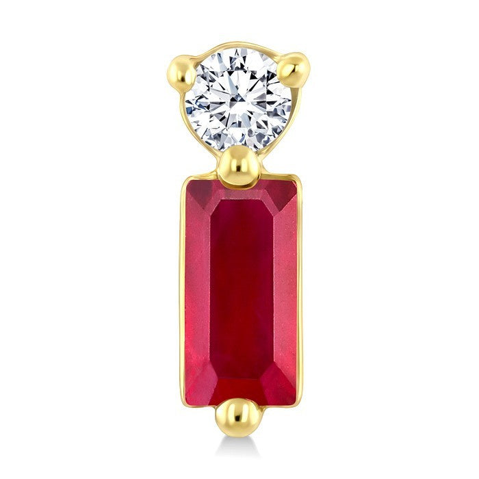 4X2 MM Baguette Cut Ruby and 1/20 Ctw Round Cut Diamond Petite Precious Earrings in 10K Yellow Gold