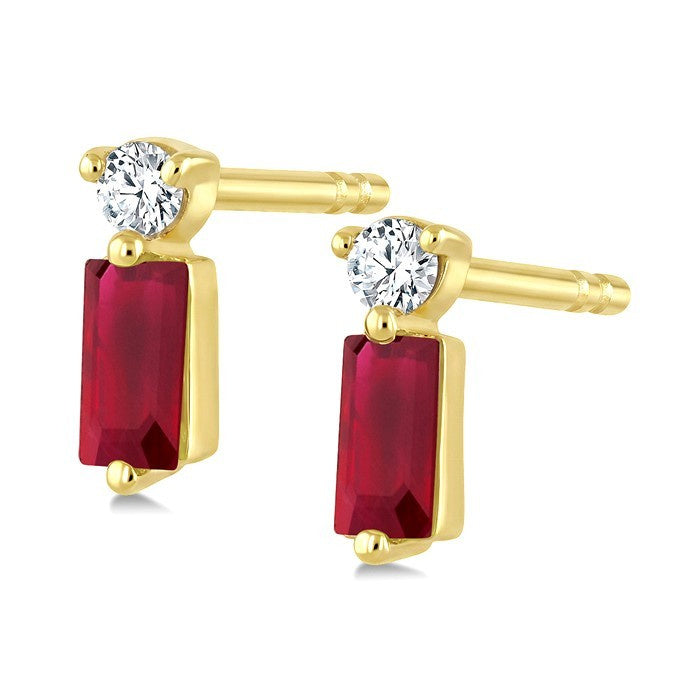 4X2 MM Baguette Cut Ruby and 1/20 Ctw Round Cut Diamond Petite Precious Earrings in 10K Yellow Gold
