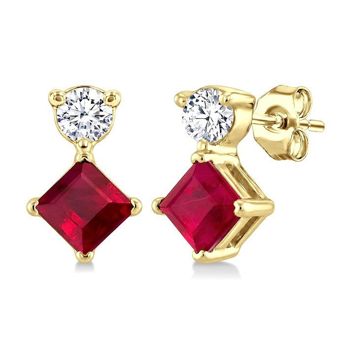 3.5 MM Princess Cut Ruby and 1/20 Ctw Round Cut Diamond Petite Precious Earrings in 10K Yellow Gold