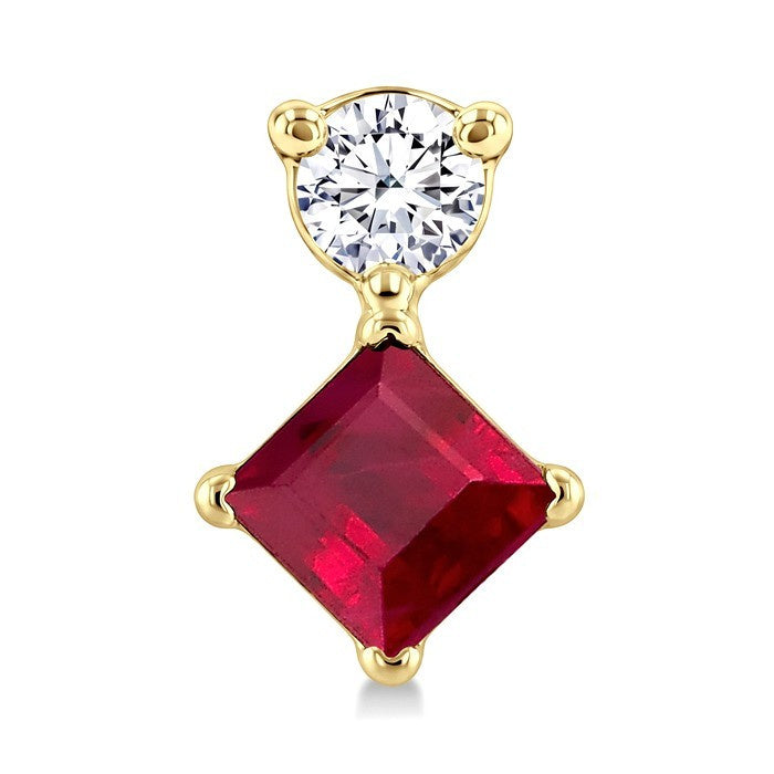 3.5 MM Princess Cut Ruby and 1/20 Ctw Round Cut Diamond Petite Precious Earrings in 10K Yellow Gold
