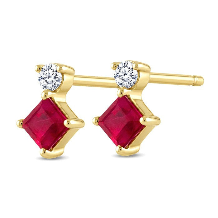 3.5 MM Princess Cut Ruby and 1/20 Ctw Round Cut Diamond Petite Precious Earrings in 10K Yellow Gold