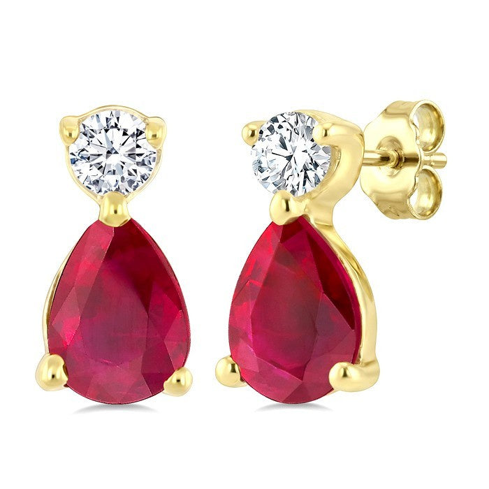 4X3 MM Pear Cut Ruby and 1/20 Ctw Round Cut Diamond Petite Precious Earrings in 10K Yellow Gold
