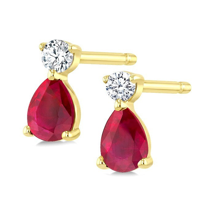4X3 MM Pear Cut Ruby and 1/20 Ctw Round Cut Diamond Petite Precious Earrings in 10K Yellow Gold