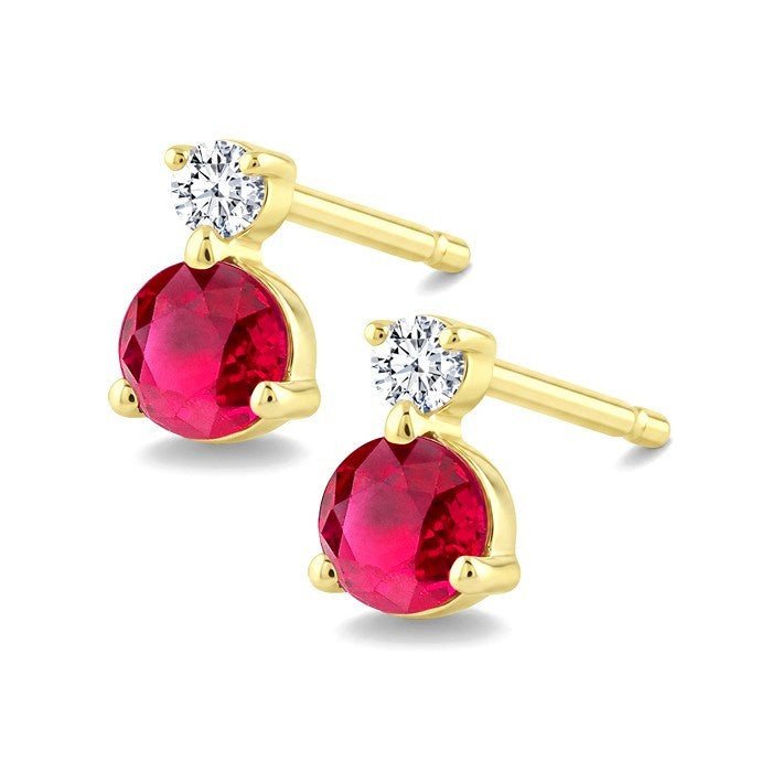 3.5 MM Round Cut Ruby and 1/20 Ctw Round Cut Diamond Petite Precious Earrings in 10K Yellow Gold